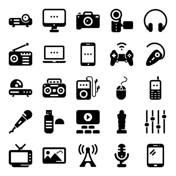 Here is a pack of cinema equipment glyph icons showing imagery and notational visuals icons leading elements of movie theater vectors that are best for your projects.