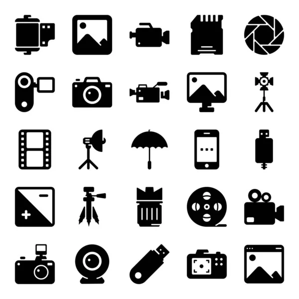 Herramientas Fotografía Iconos Glifo Que Muestran Imágenes Retratan Iconos Visuales — Vector de stock