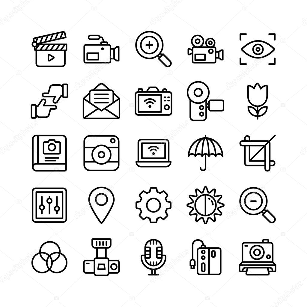 The creative line icons pack of digital photography is one of its kind. Each icon in this set of is very well designed. It is a must have set to grab!