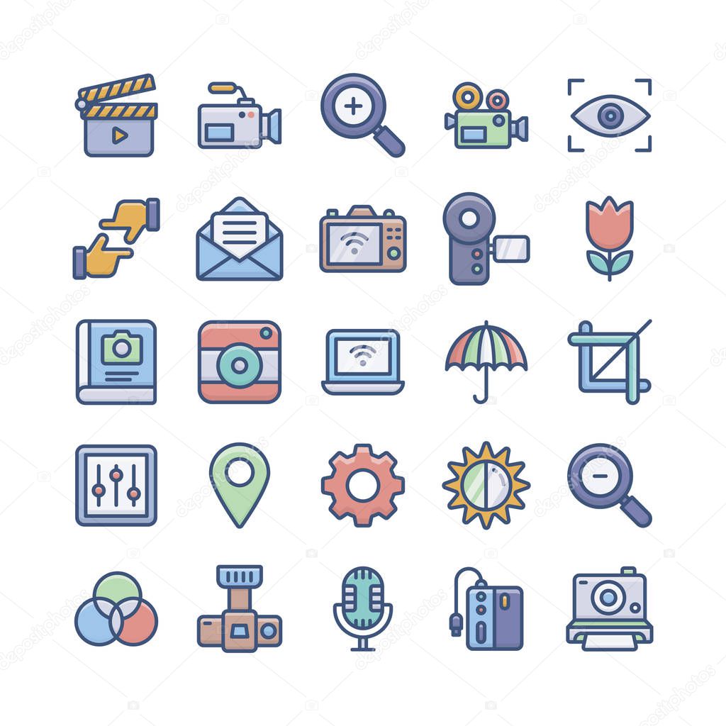 The creative flat icons pack of digital photography is one of its kind. Each icon in this set of is very well designed. It is a must have set to grab!