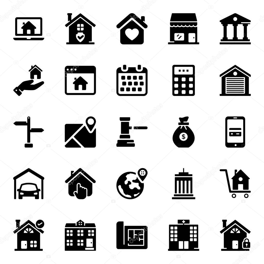 Real estate buildings solid vector in editable and imagery style perfect for any kind of related design project. Hold these icons to market your designs in a better way.