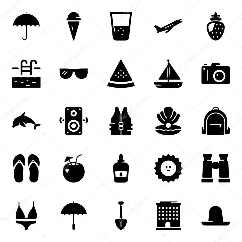 Summer vacations glyph icons displaying provocative visuals icons which meets the aspects of summer holidays accessories perfect for your projects. 