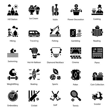 Burada glyph tasarım hobiler simgesi kümesidir. Sadece bu editable paketi kapmak ve yaklaşan atama için kullanın. 