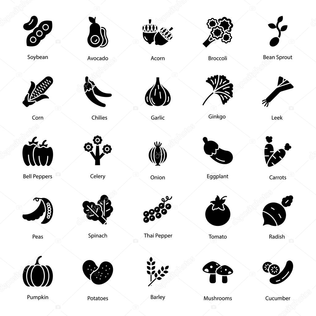 Vegetables icon vector pack perfect for food industry. An amazing solid style fruits icons and vegetable vectors collection worth grabbing. Happy downloading!