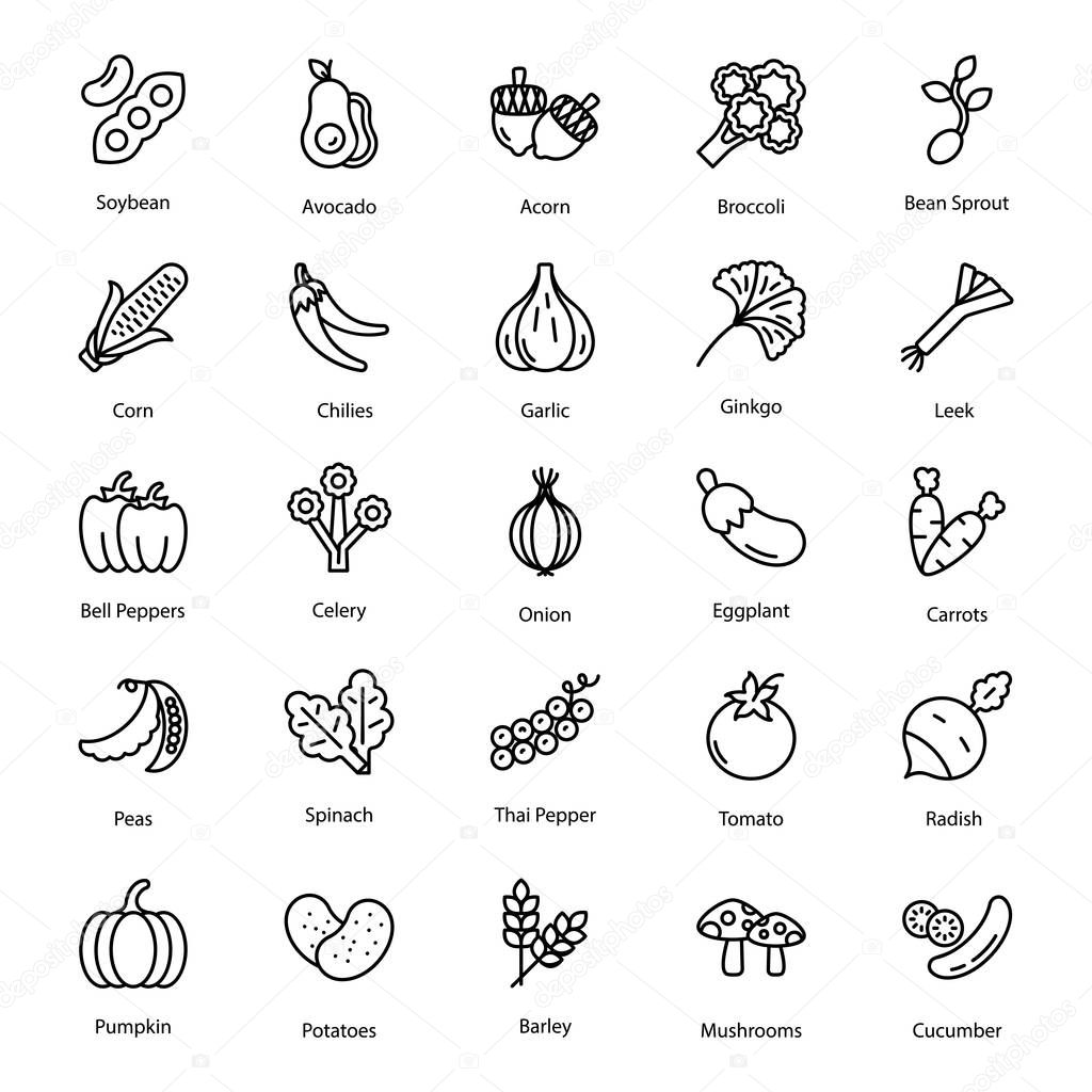 Vegetables icon vector pack perfect for food industry. An amazing line style fruits icons and vegetable vectors collection worth grabbing. Happy downloading!