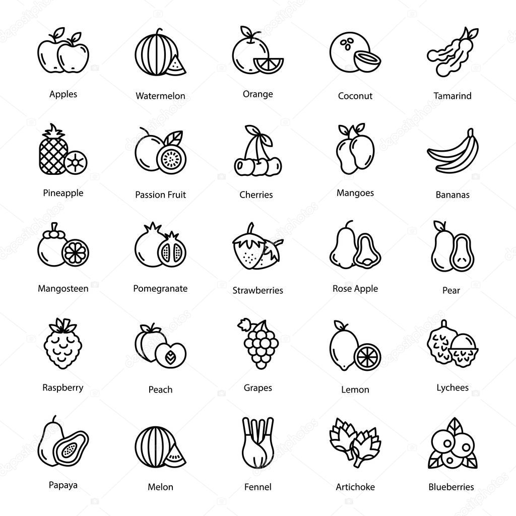 Fruits icon vector pack perfect for food industry. An amazing line style fruits icons and vegetable vectors collection worth grabbing. Happy downloading!