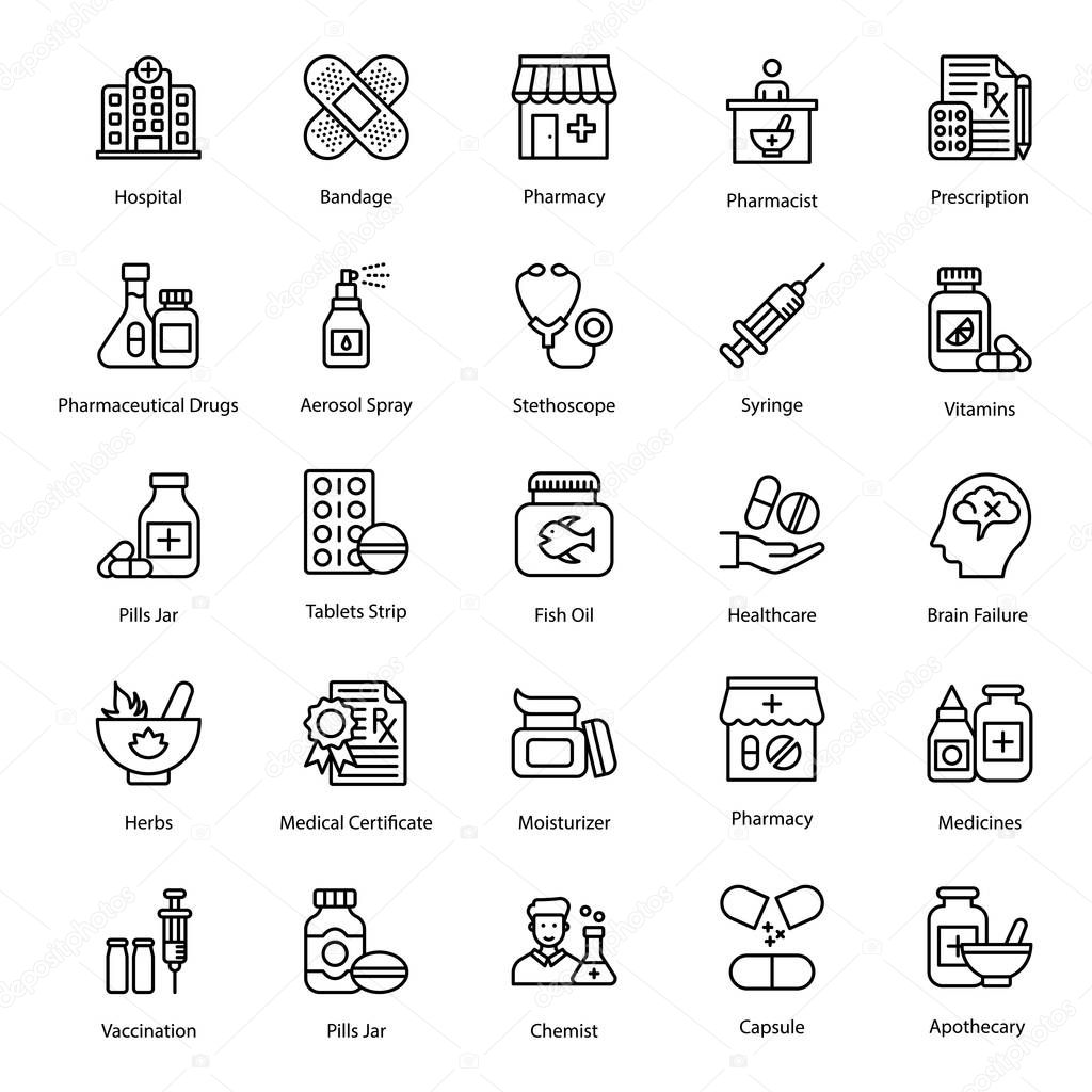 Medicine and pharmacy icons set in line vectors is best for medical and pharmaceutical related projects. Hold this healthcare pack. 