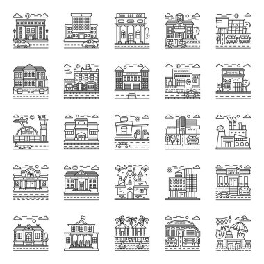 Finest designs of city buildings illustrations in line style. Perfect to be used for professional websites and apps. Download this modifiable set. clipart