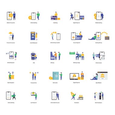 E bankacılık, web sitesi geliştirme, mobil web siteleri ve çok daha fazlası için modern düz tasarım online bankacılık simgeleri. Mutlu İndirme!