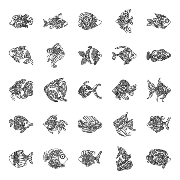 Zentangle Fish Drawings Pack Ist Handgezeichnetem Stil Entworfen Der Jeder — Stockvektor