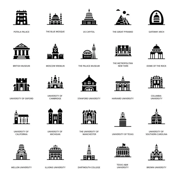 Echemos Vistazo Paquete Edificios Universitarios Iconos Glifo Donde Pueden Encontrar — Vector de stock