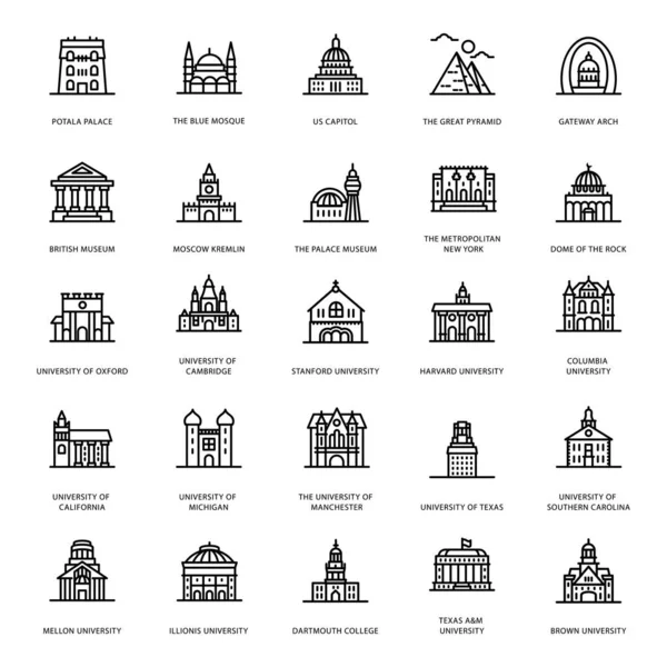 Echemos Vistazo Paquete Edificios Universitarios Línea Iconos Donde Pueden Encontrar — Archivo Imágenes Vectoriales