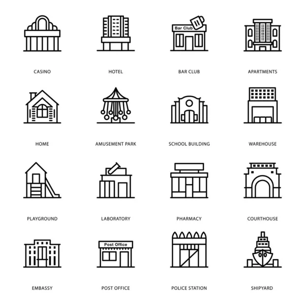 Spójrzmy Pakiet Wektorów Liniowych Architektury Budynków Gdzie Można Znaleźć Urzekające — Wektor stockowy