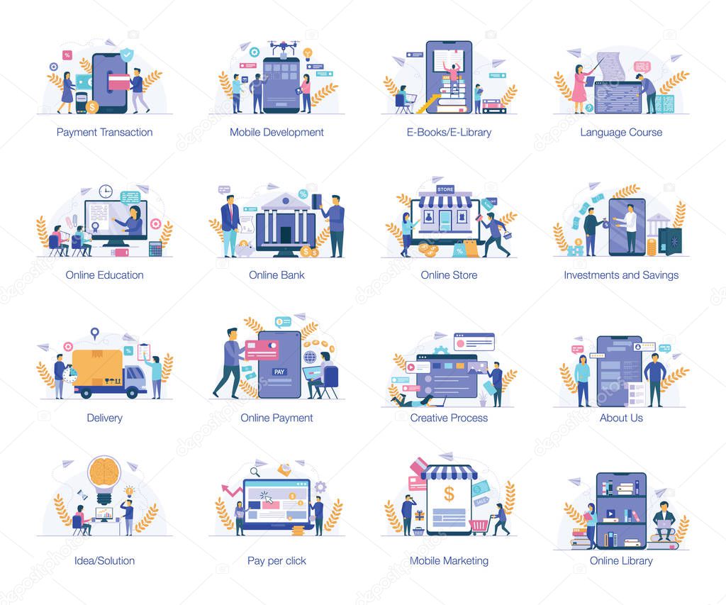 Business flat illustrations with variety of visuals in high quality designing. E commerce vectors are presented, get it and enjoy!