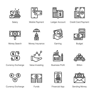 Here is a pack of banking line vectors  which are displaying imagery and conceptual visual icons of variations in finance for best use in your relevant projects clipart
