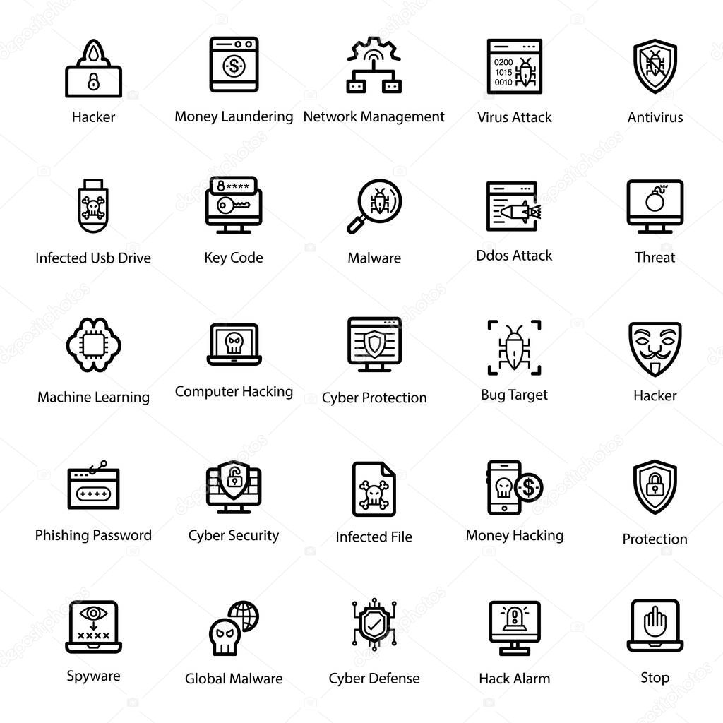 Internet security vectors are here in line design for your mobile and web graphics. Feel free to download these cyber crime icons which are in editable form. Enjoy!