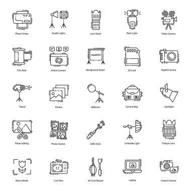 Çeşitli kamera ve fotoğraf donanımı vektörleri ile şık bir şekilde edinilebilir fotoğraf simgeleri paketi. Onları şimdi tut.