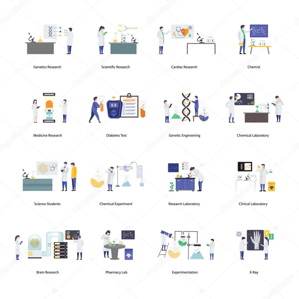 Scientist experiment flat vectors presenting captivating visuals illustrations leads the features of science researches best for your science projects. Grab it now!