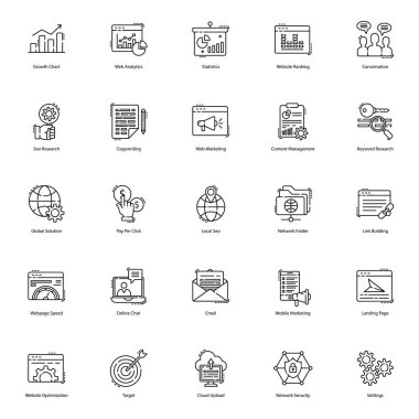 Seo simgeleri projenizin görünümünü ve özünü geliştirmek için burada. Web visulas düzenlenebilir özelliği ile çizgi tarzı sunulmaktadır. Kendinizi daha iyi bir şekilde pazarlamak için indirin!