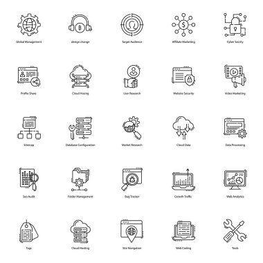 Web simgeleri, projenizin görünümünü ve özünü geliştirmek için buradadır. Seo visulas düzenlenebilir özelliği ile çizgi tarzı sunulmaktadır. Kendinizi daha iyi bir şekilde pazarlamak için indirin!