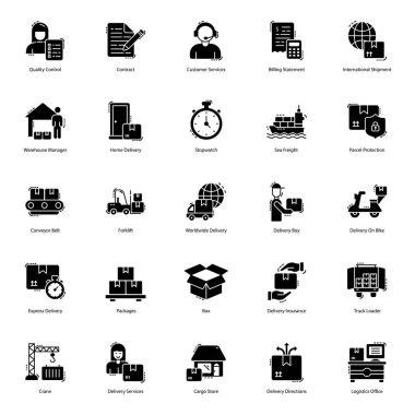 Burada 25 visulas oluşan glyph tasarım nakliye ve teslimat simgeleri paketidir. Bu simgeler ihtiyaca göre düzenlenebilir. Onu yakalayın ve kullanın