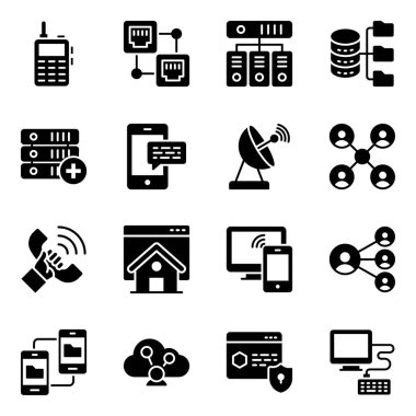 Ağ teknolojisi glyph vektörleri, bağlantı kanalları simgelerinin özelliklerini yönlendiren gelişmiş görsellere sahip paketidir. Seçin ve indirin!