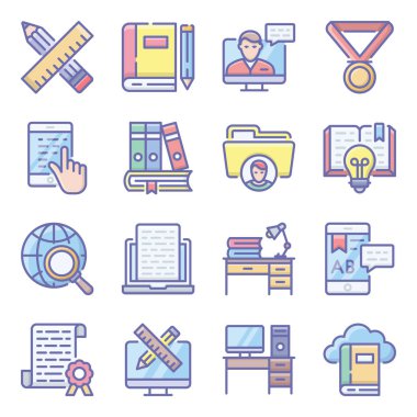Eğitim ve akademik projelerinize yakışır düz simgeleri betimleyen çevrimiçi eğitim. İhtiyaç başına kapma ve kullanma.