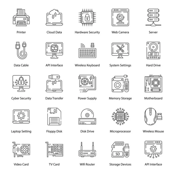 ここでは 次の設計プロジェクトのコンピュータ ハードウェア ライン ベクトル パックを説明します すべてのコンピュータ関連のアクセサリは あなたのプロジェクトを価値のあるものにするためにここにあります これらのベクトルをダウンロードすることを忘れないでください — ストックベクタ