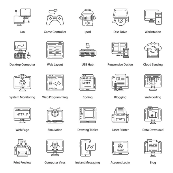 ここでは 次の設計プロジェクトのコンピュータ コンポーネントライン ベクトル パックを説明します すべてのコンピュータ関連のアクセサリは あなたのプロジェクトを価値のあるものにするためにここにあります これらのベクトルをダウンロードすることを忘れないでください — ストックベクタ