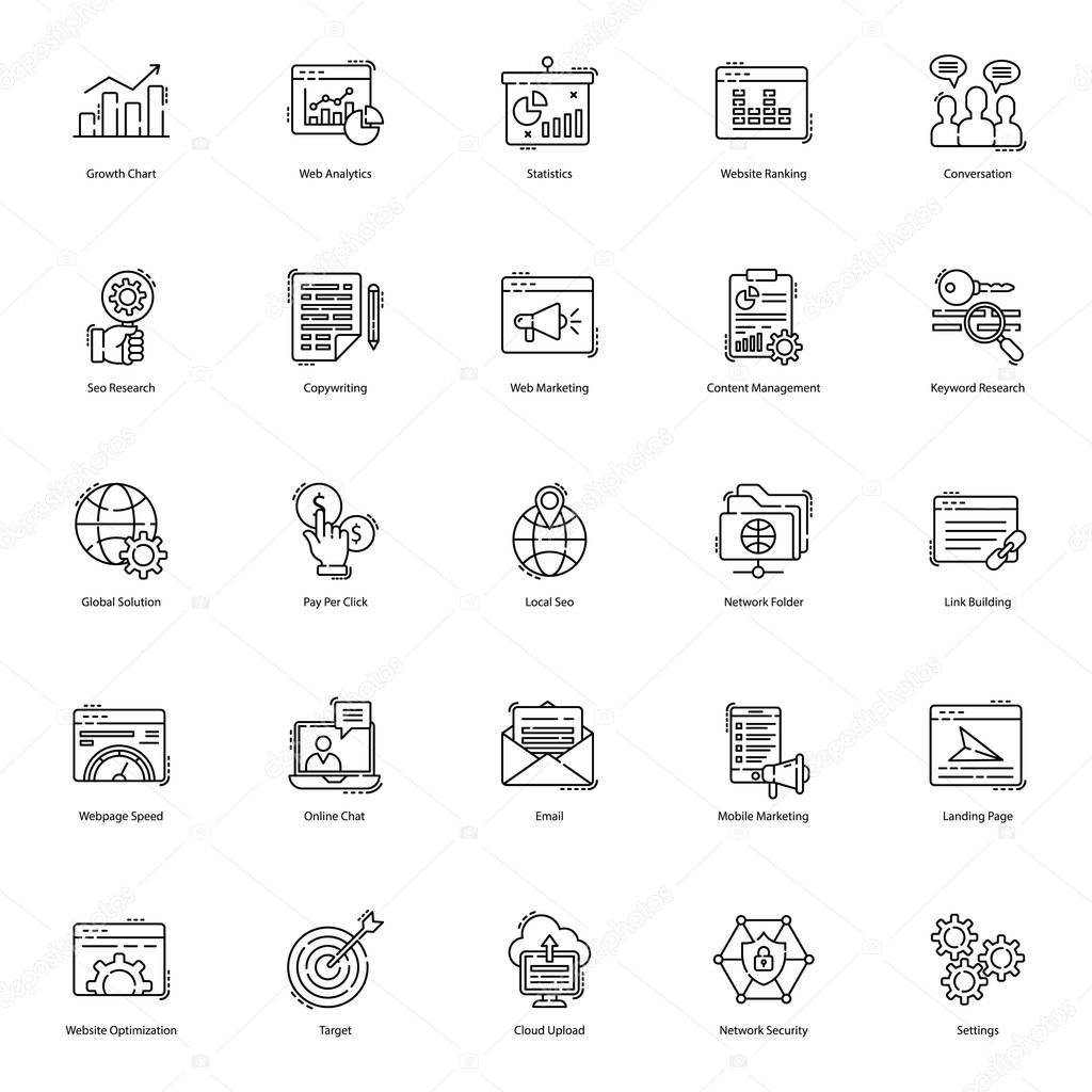 Seo icons are here to improve the look and essence of your project. Web visulas are presented in line style with editable characteristic. Download to market yourself in a better way!