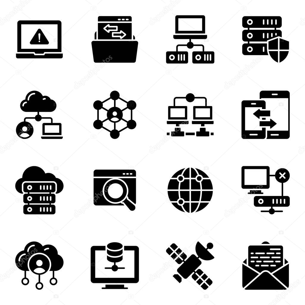 Pack of communication devices glyph icons having advanced visuals driving the features of connectivity channels vectors. Select and download it!