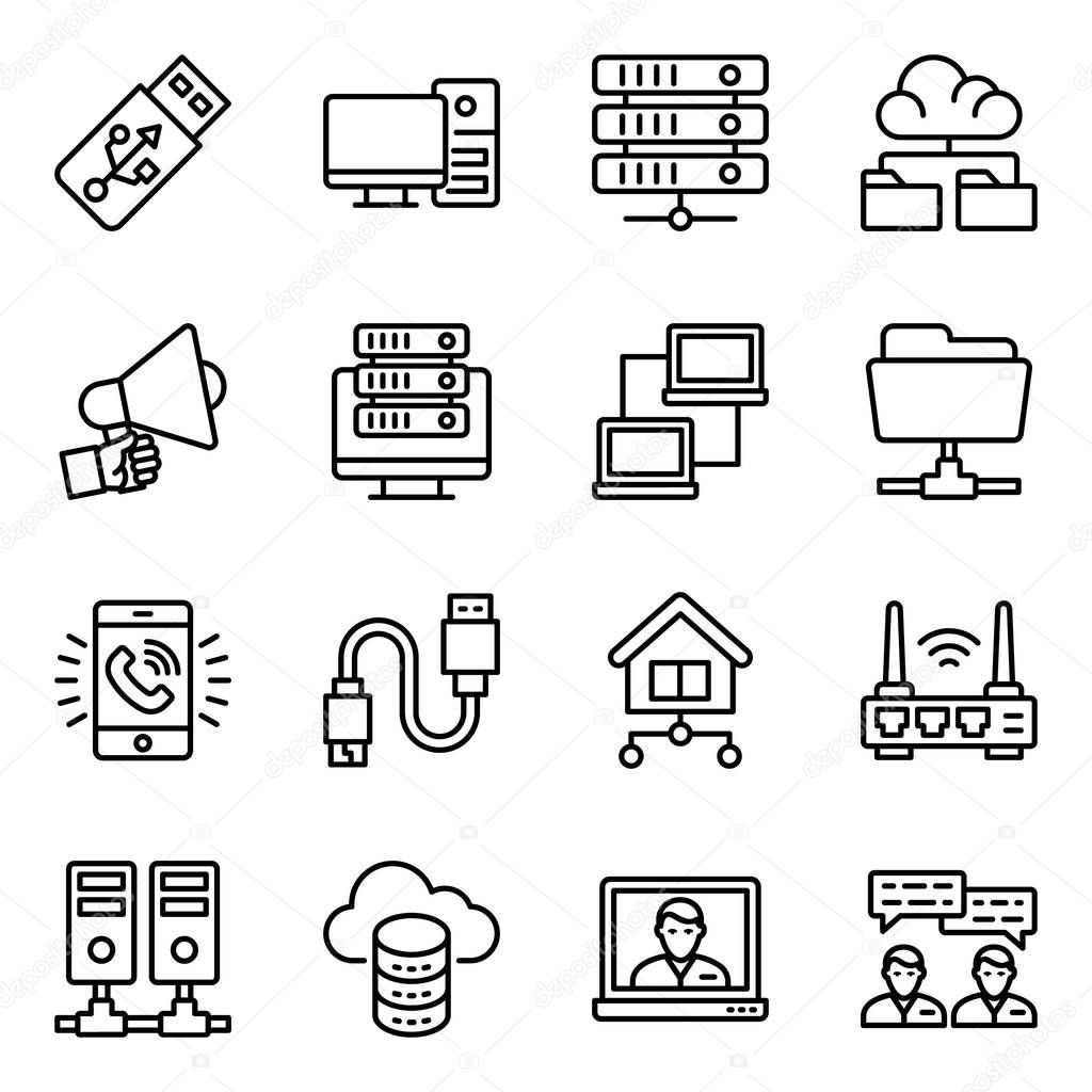 Network devices line icons pack having advanced visuals driving the features of connectivity channels vectors. Select and download it!  
