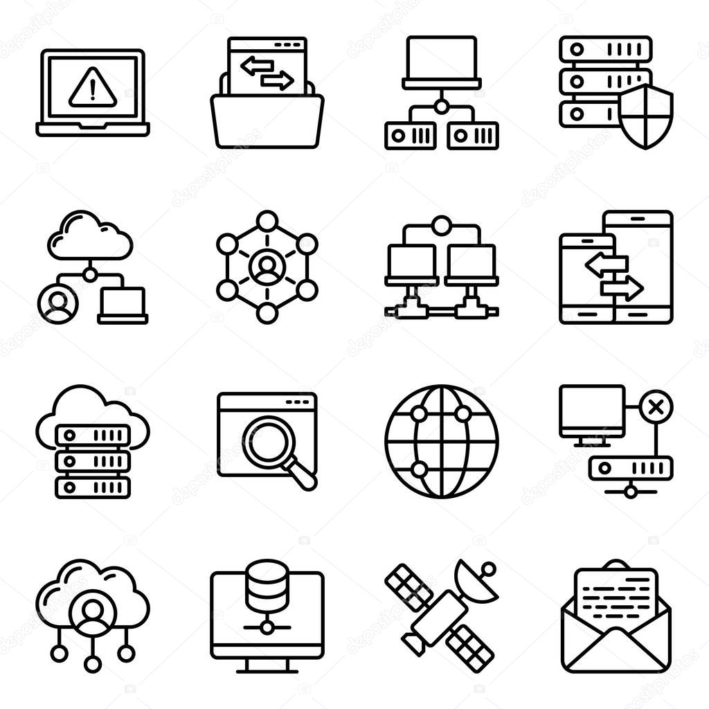 Pack of communication devices line icons having advanced visuals driving the features of connectivity channels vectors. Select and download it!