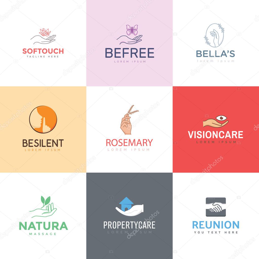 Collection of hand gesture logos are here on white background for your stunning design project. The outstanding color combination and editable quality of these labels are worthy for upcoming assignments. Happy downloading!