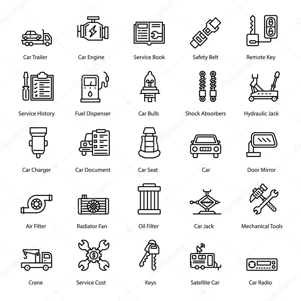 Pack of car accessories line icons, variety of car equipments and tools depicting auto parts. Best for any kind of transportation related projects.