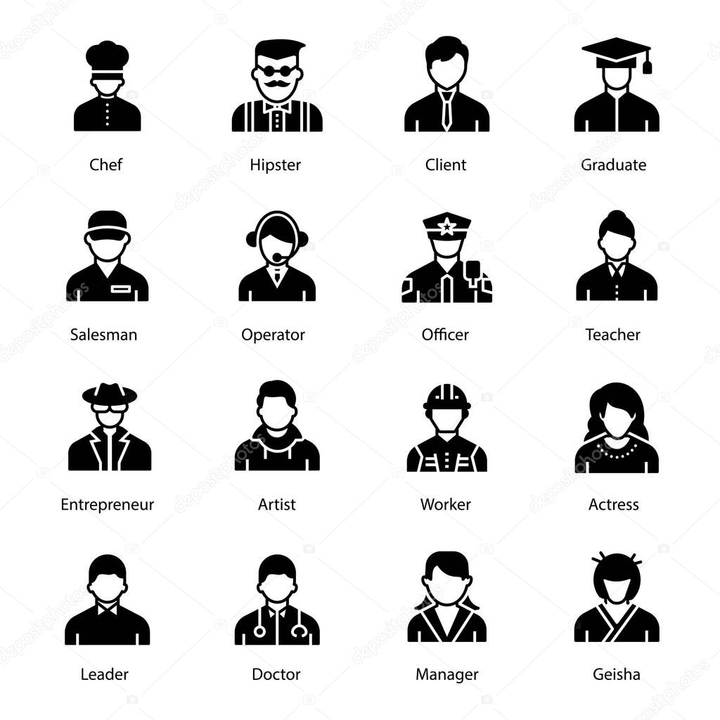 Pack of people glyph icon is displaying eye catching vectors in editable form which leads the features of individual professions best for your upcoming design assignments. Click on the download link.