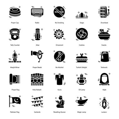 İşte Ramazan simgeleri bir dizi. Sadece indirme düğmesine tıklayın ve ramazan kareem, bayram mübarek ve web ve baskı İslami projeler için bu editable seti kullanın.