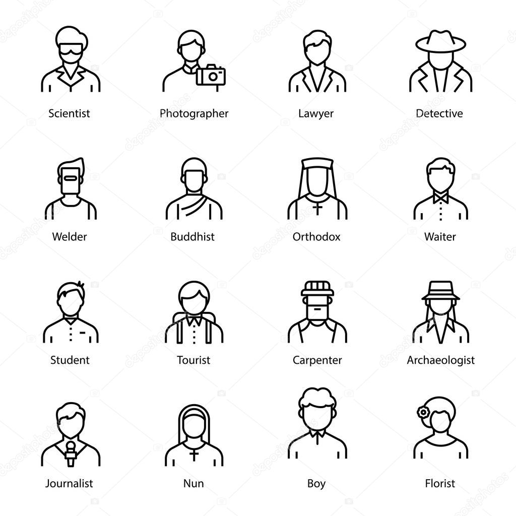 Professional avatar line icons pack is displaying eye catching vectors in editable form which leads the features of individual professions best for your upcoming design assignments. Click on the download link.