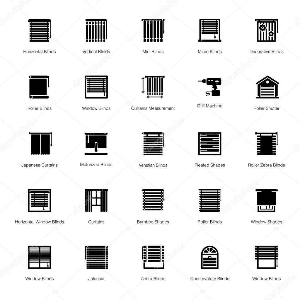 Blinds glyph icons are here containing modern and conceptual vectors to meet your project requirements. Blackout curtains with editable style is in your reach now.