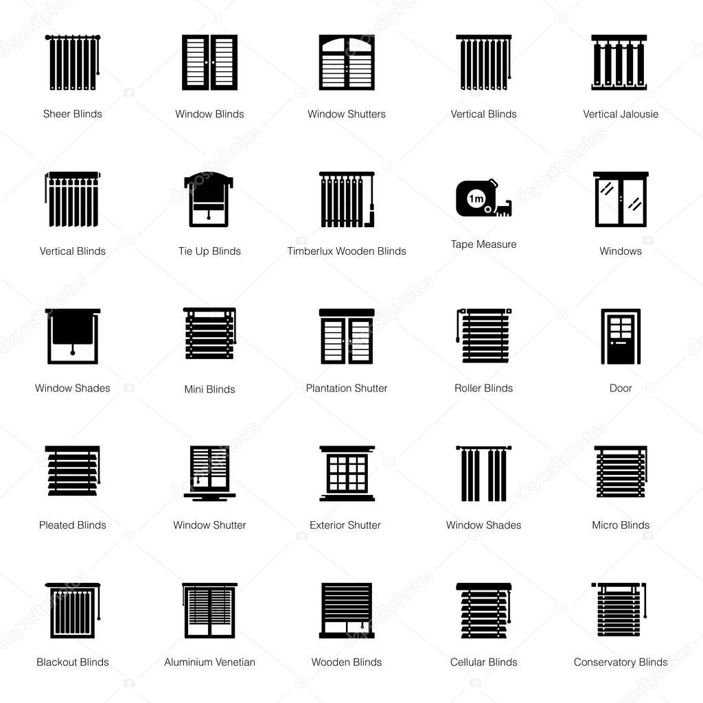 Window shutters glyph icons are here containing modern and conceptual vectors to meet your project requirements. Blackout curtains with editable style is in your reach now.