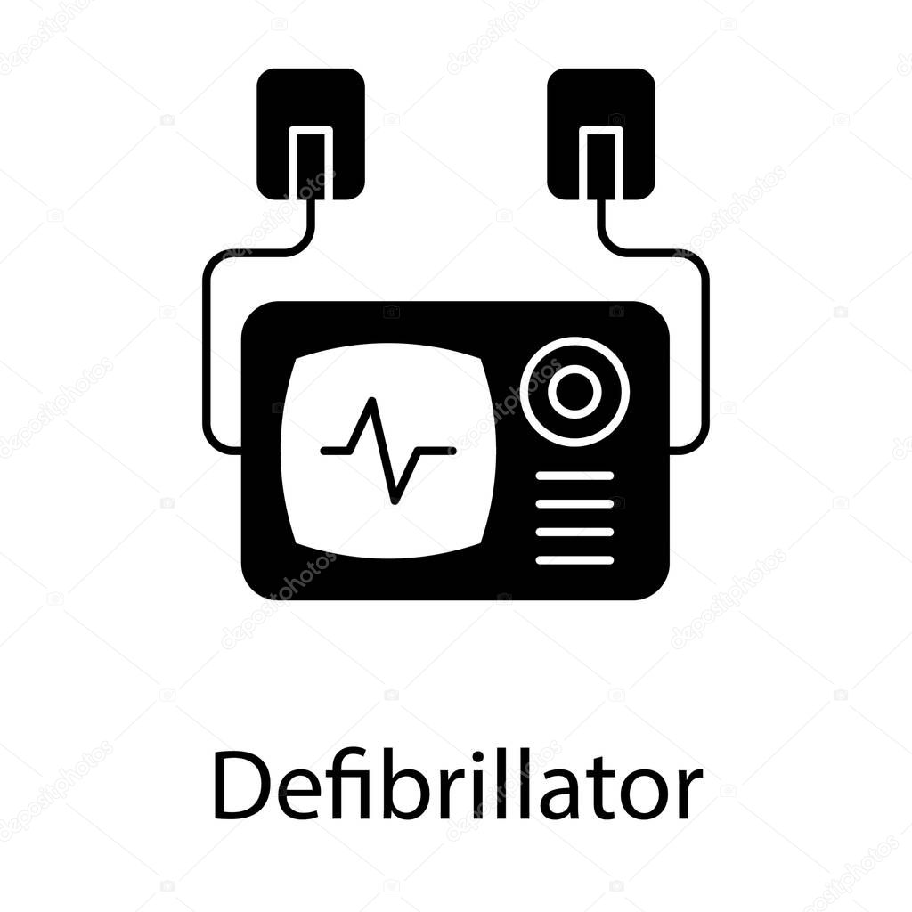 Glyph design icon of defibrillator, electrical shock machine icon.