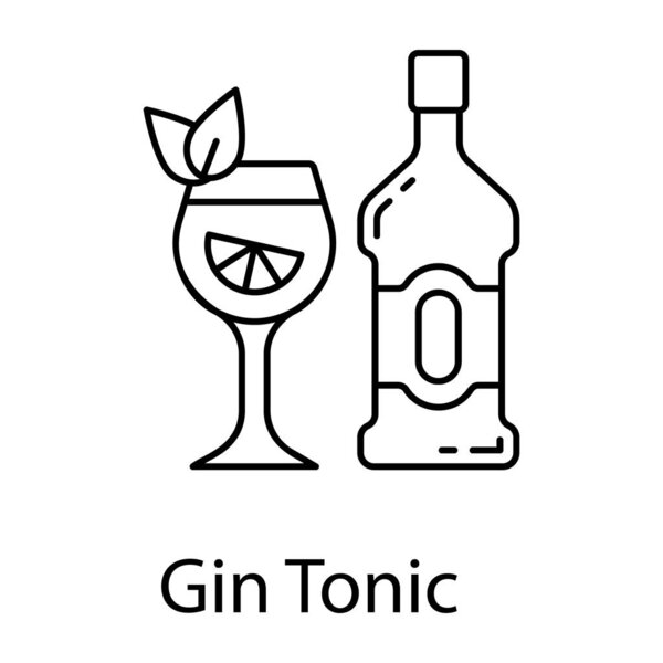 Cocktail glass with ice, gin tonic line icon
