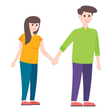 Birbirinin elini tutan çift, beyaz arka planda izole edilmiş romantik çift düz vektör karakteri..