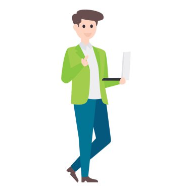 Ofis çalışanı karakterinin düz vektör tasarımı, dizüstü bilgisayarı olan adam..