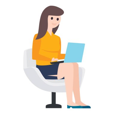 Dizüstü bilgisayarda çalışan kadın, düz karakterli kadın vektör.