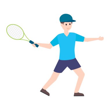 Tenisçinin düz karakteri, tenis raketi tutan adam spor vektörü..