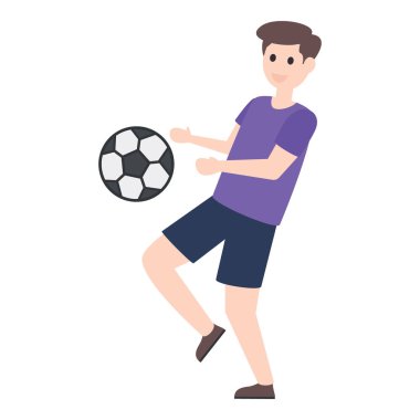 Futbol topunu diziyle tekmeleyen adam, futbolcu karakteri, düzenlenebilir düz vektör.