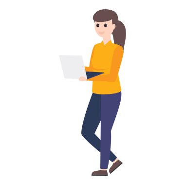 Ofis çalışanı karakterinin düz vektör tasarımı, dizüstü bilgisayar tutan kadın..