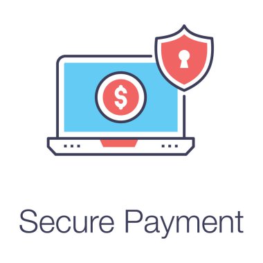 Güvenli ödeme ikonu güvenlik kalkanı kavramına sahip dizüstü bilgisayarda dolar.