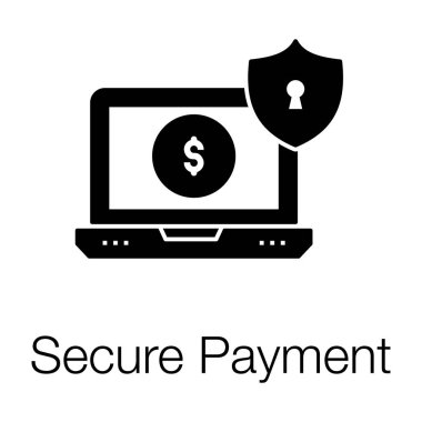 Güvenli ödeme ikonu güvenlik kalkanı kavramına sahip dizüstü bilgisayarda dolar.